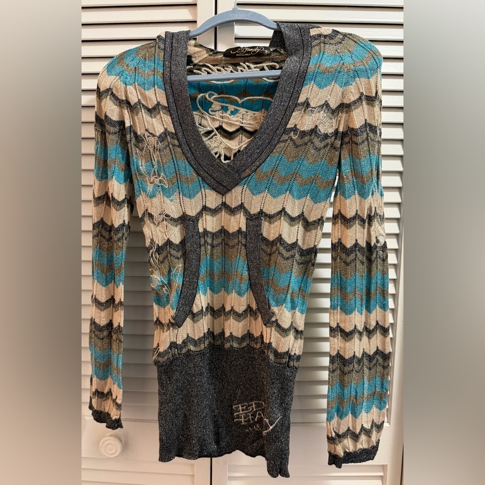 Rare Vintage Ed Hardy Metallic Zig Zag Embroidered Skull Hoodie Sweater Size XS